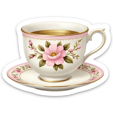 White teacup with baby pink floral antique print with gold accents  sticker