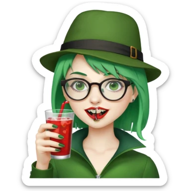 vampire green hair Drink holders with hat, wearing glasses, female,,teeth looks like vampire sticker