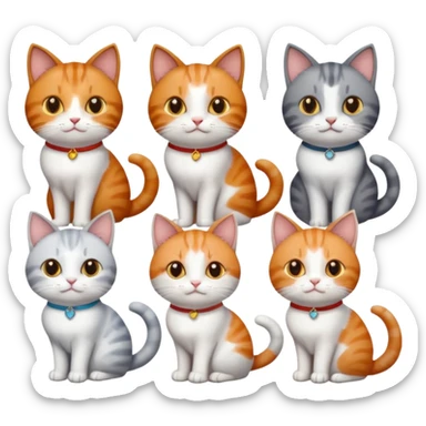 six cats of different colours: 1 small ginger and white, 1 small brown tabby and white, 1 small grey and white, 1 big grey and white, 1 mostly grey with white paws and small white patch on chest and 1 calico sticker