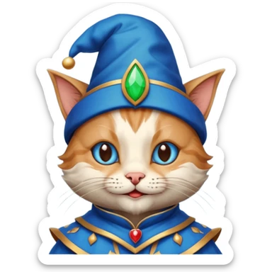 crazy colorful cute little cat jolly joker from poker, medieval, vintage, court jester, mac os icon, blue color, poker cards, mage sticker
