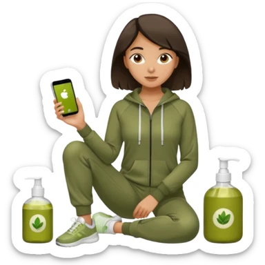 Self care для девушки шатенки в оливковом спортивном костюме sticker