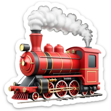 A 3D cartoon classic steam locomotive with a chimney releasing smoke, red and black body, bright sky background, Memoji-style rendering. sticker
