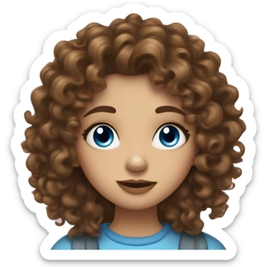 A curly-haired girl with brown hair, fair skin and blue eyes and long eyelashes sends a kiss sticker