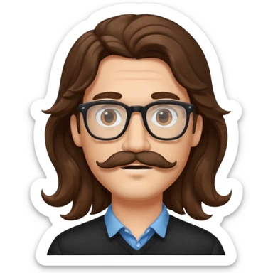 Young with man with long wavey brown hair, glasses and mustache sticker