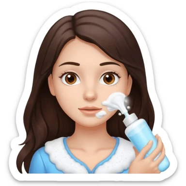 brunette girl with beautiful brown eyes and long hair, using facial cleanser sticker