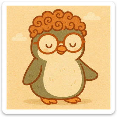 cartoon style penguin with curls, big glasses, and a friendly expression sticker