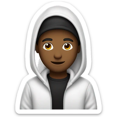 un ragazzo con un cappuccio nero e capelli bianch con uno scalda collo nero porta na felpa nera sticker