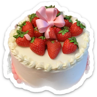 Light Pink strawberries and cream birthday cake with in bow sticker