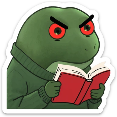 A delicate, elf-like girl with windswept chestnut hair, wearing an oversized sweater in signature black and red. She with glowing eyes, deeply absorbed in a book – “plot twist” moment. sticker