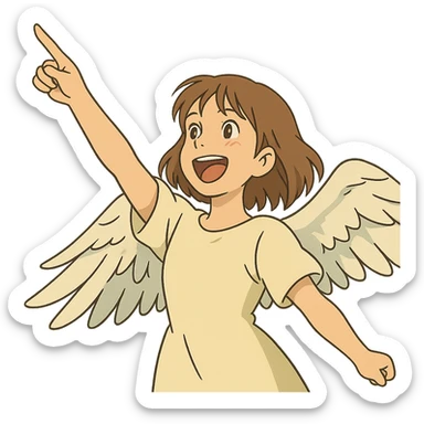 girl with light brown shoulder-length hair and white wings joyfully pointing to the sky sticker