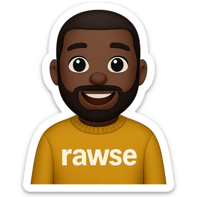 Black person wearing a sweater with the word 'rawse' on it, emoji style sticker