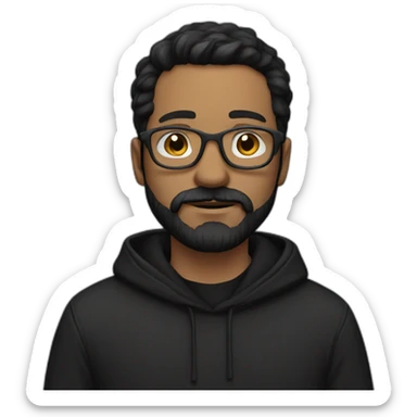 White man dark straight hair, moustache and beard, wearing a black hoodie, glasses sticker