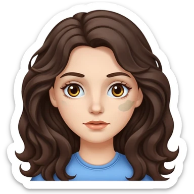 A white girl with long dark brown wavy hair and cosmetic patches under her eyes sticker