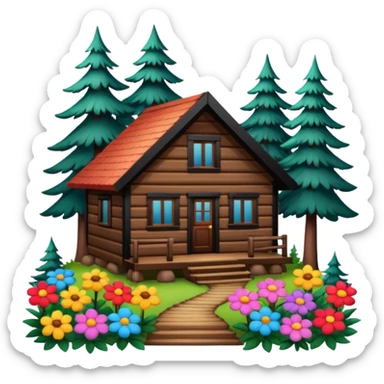 cabin in the woods, surrounded by pines, with flowers around sticker
