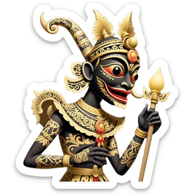 Wayang – Cinematic Realistic Wayang, depicted as intricately carved traditional Indonesian shadow puppets with expressive features and vibrant cultural motifs, set against a dark, dramatic backdrop with subtle glowing highlights that evoke the mystical art of shadow play. sticker