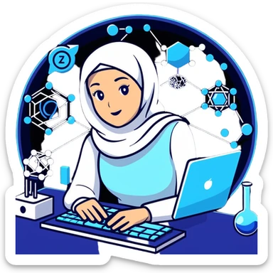 computer engineer with white hijab in blue clothes, surrounded by next-gen holographic displays showing 3D molecular structures, advanced algorithm visualizations, futuristic UI, quantum computing elements, digital brain patterns sticker