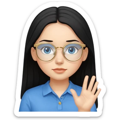 a black haired girl with blue eyes and glasses with blue shirt and long hair and gold glasses kid sticker