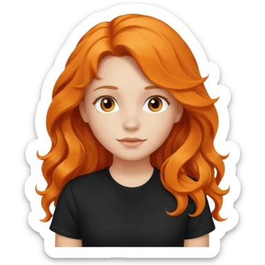 Girl with long orange wavy hair and black t-shirt sticker