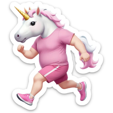 friendly anthropomorphised male white unicorn with an extra chunky, very strong and stocky build, arms and legs matching the white of the head, in grey shorts and pink t-shirt, wearing dark sunglasses, jogging upright in a relaxed pose sticker