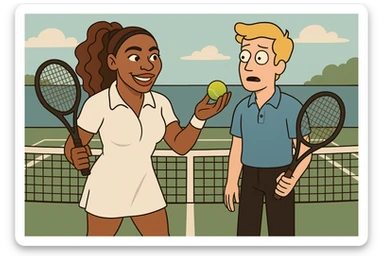 Serena Williams white shirt dress tennis racket one ball tennis a man dark yellow hair blue shirt black trousers tennis racket tennis court background  sticker