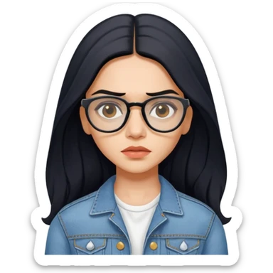 generate a pretty bratz emoji 
Make her wear a white dress with a denim jacket over it.long  black hair in a side part 

She should look exactly  like Deepika padukone! wearing tiny rectangular spectacle, looking sad sticker