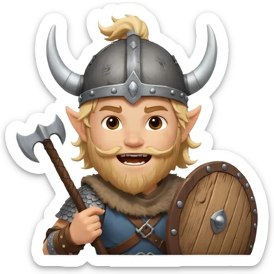 A young Viking warrior with messy hair painted cheeks, wooden shield, and fierce excited grin with horned helmet sticker