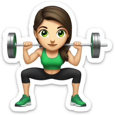 Brunette girl with green eyes squatting with a barbell sticker