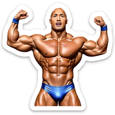 Dwayne 'The Rock' Johnson, covered in oil, striking a powerful pose on stage at the Mr. Universe bodybuilding championship. His muscles are clearly defined, exuding strength and charisma. The backdrop features a professional stage with judges and a cheering audience. Transparent background. sticker