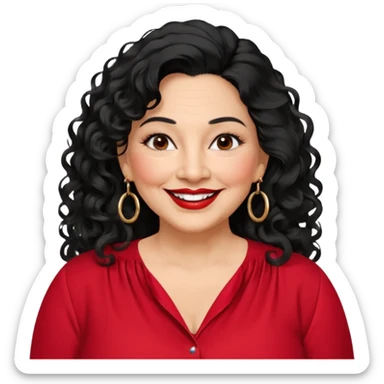 60 yr old Mexican woman, slightly chubby, wavy/curly long black hair, red lipstick, big smile, white teeth, brown eyes, hoop earings, side part to hair, round face, nice blouse, no wrinkle hair side swept, big hoop earing sticker