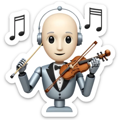 robot a sophisticated and elegant emoji that represents orchestration and arrangement. The design should feature a conductor’s baton, musical notes, and a symphonic score, symbolizing the process of arranging and orchestrating music. Incorporate instruments like a violin, trumpet, sticker