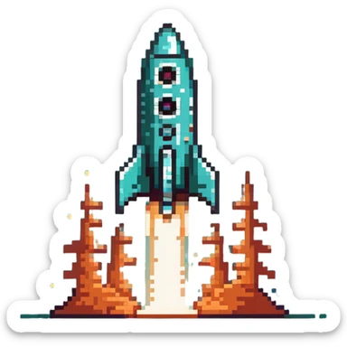 robotic teal spaceship launching to the right with rocket flames sticker