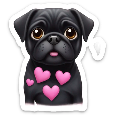 Black pug surrounded by pink hearts sticker