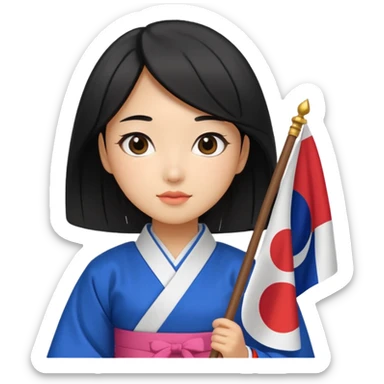 black hair girl with hanbok holding south korea flag sticker