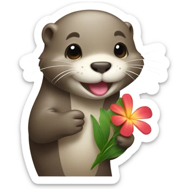 A happy and cute otter face with a Hawaiian flower-shaped pin, holding a heart in its hand. sticker