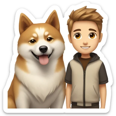 Light brown hairs boy with brown eyes and wide brows 12 years smiling together with dog shiba inu  sticker