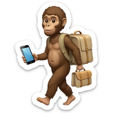 Draw an Australopithecus walking like a nomad, carrying a cloth bundle on its back and holding an iPhone and a laptop, in a cute flat iPhone emoji style. sticker