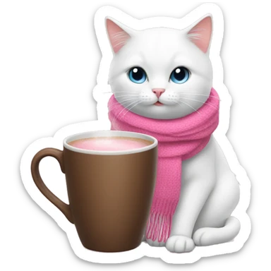 White cat with a pink scarf drinking hot chocolate from a pink cup sticker