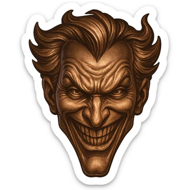 joker face with bronze metallic effect, mischievous grin, stylized sticker
