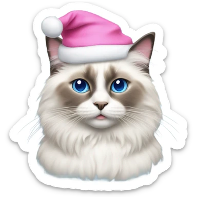 Realistic ragdoll cat with blue eyes wearing pink Santa hat sticker