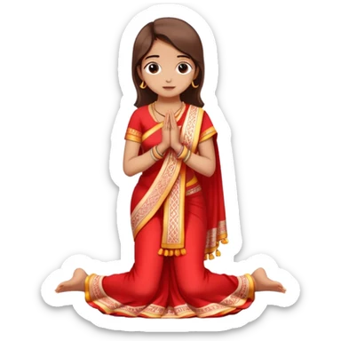 Full body Bengali girl wearing traditional red and white saree with hands joined in prayer position sticker