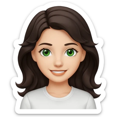 A White girl with wavy and dark hair, dark green eyes and a white shirt smiling sticker