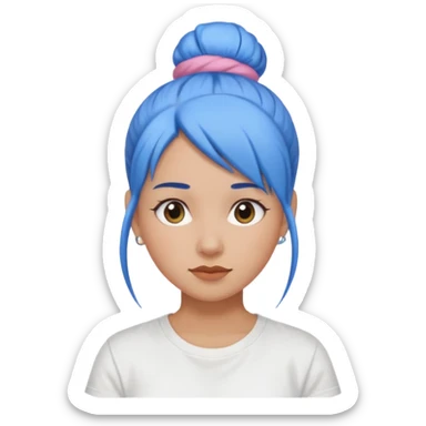 a woman with blue one bun hair, wearing white t-shirt sticker