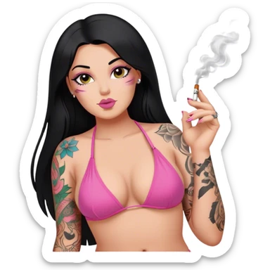 caucasian curvy girl, with tattoos, in pink bikini, smoking, with a long straight black hair  sticker