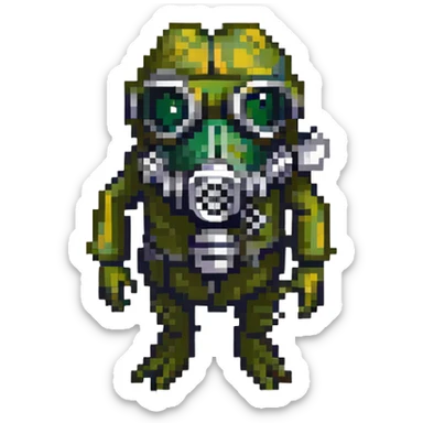 a frog wearing a gas mask, lurking in the shadows like a stalker sticker