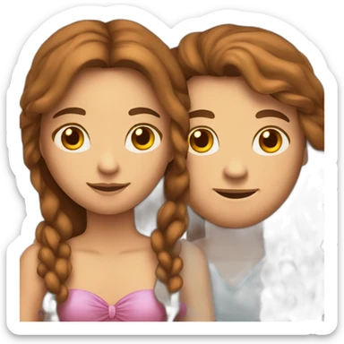 couple in love holding hands. She has long brown hair with a face with freckles and long eyelashes. hair loderno cut half slanted eyes sticker