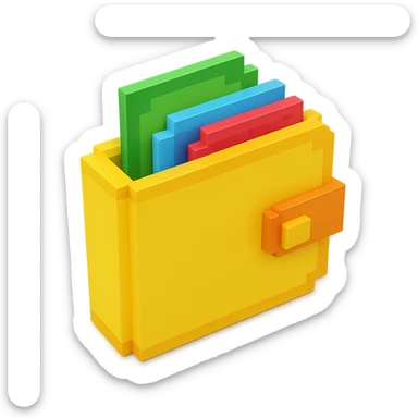3D voxel style icon of a wallet, viewed from an angle, with a visible fold sticker