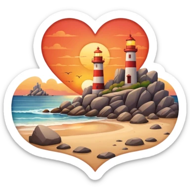 A heart that has a sunset over a beach in it, with a lighthouse and rocks. sticker