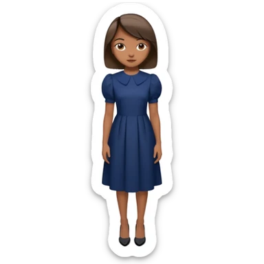Menina pele parda, cabelo liso médio curto, roupa modesta, vestido azul marinho a baixo do joelho manga bufante pequeno,  salto preto sticker