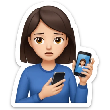 Social media manager. She has dark brown hair, brown eyes, overwhelmed expression, tired eyes, slightly stressed face,a holding a smartphone with notifications piling up sticker