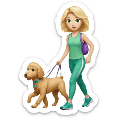Girl with shoulder length, blonde hair, green eyes, and fitness clothes, walking a golden doodle sticker